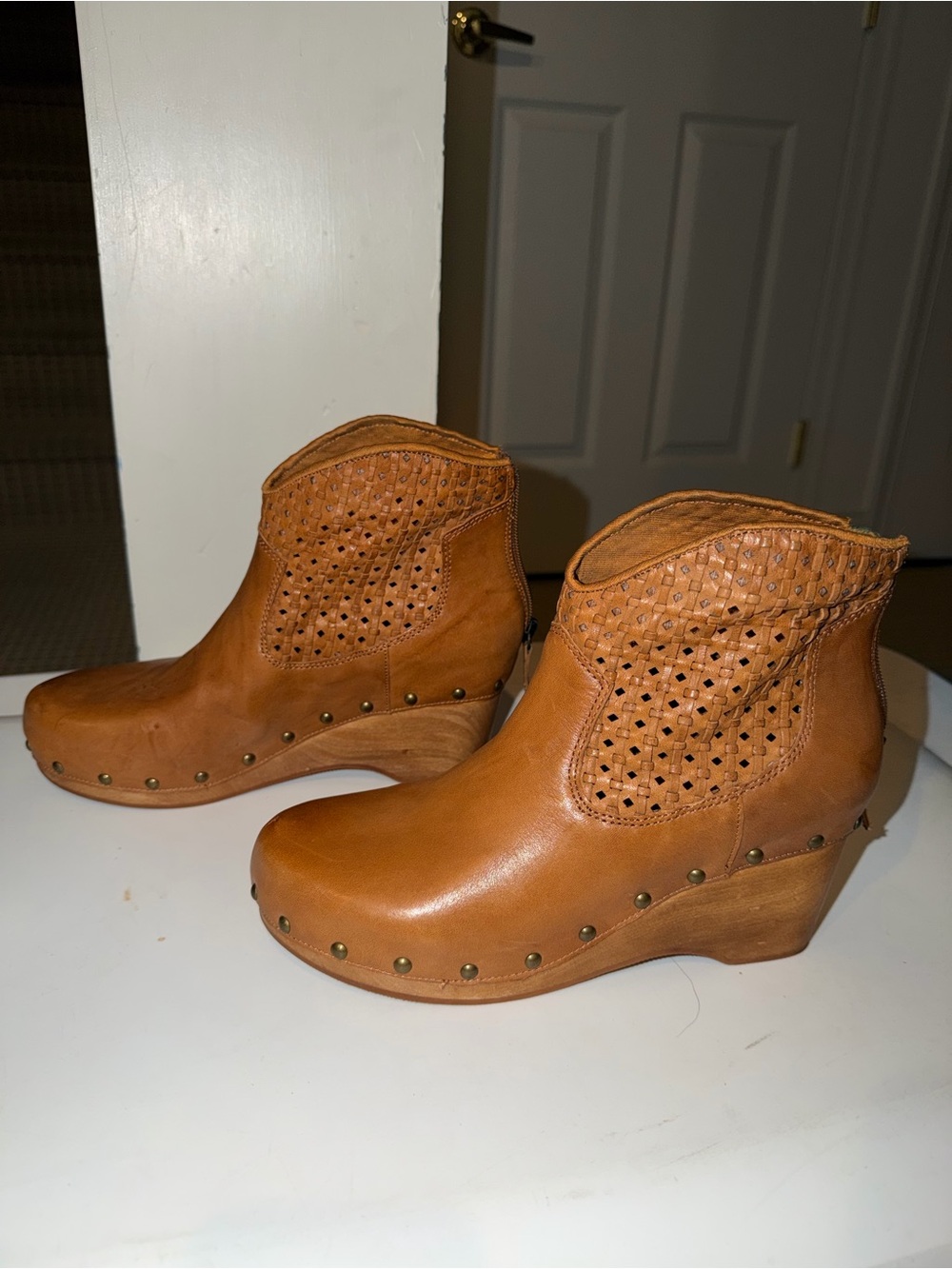 Kelsi Dagger Tan Leather Perforated Wedge Ankle Boots